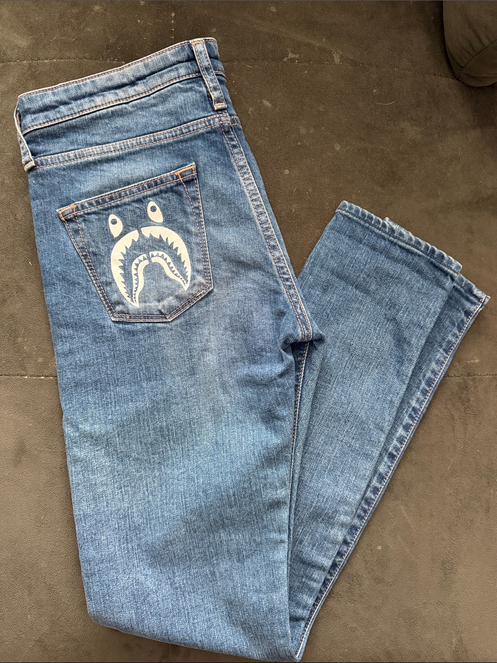Bape women’s Blue Denim Jeans with Shark Pocket Print